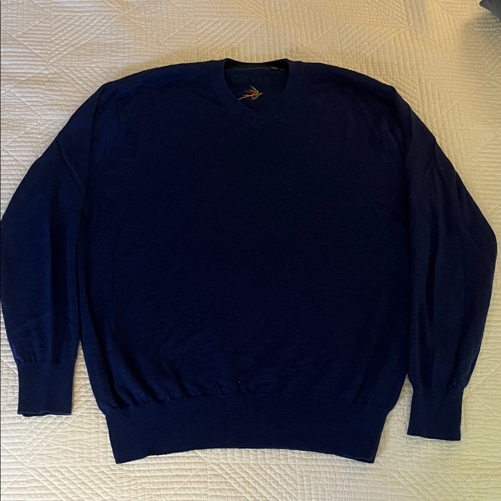 Orvis Deep Blue 100% Merino Wool V-Neck Men's Sweater